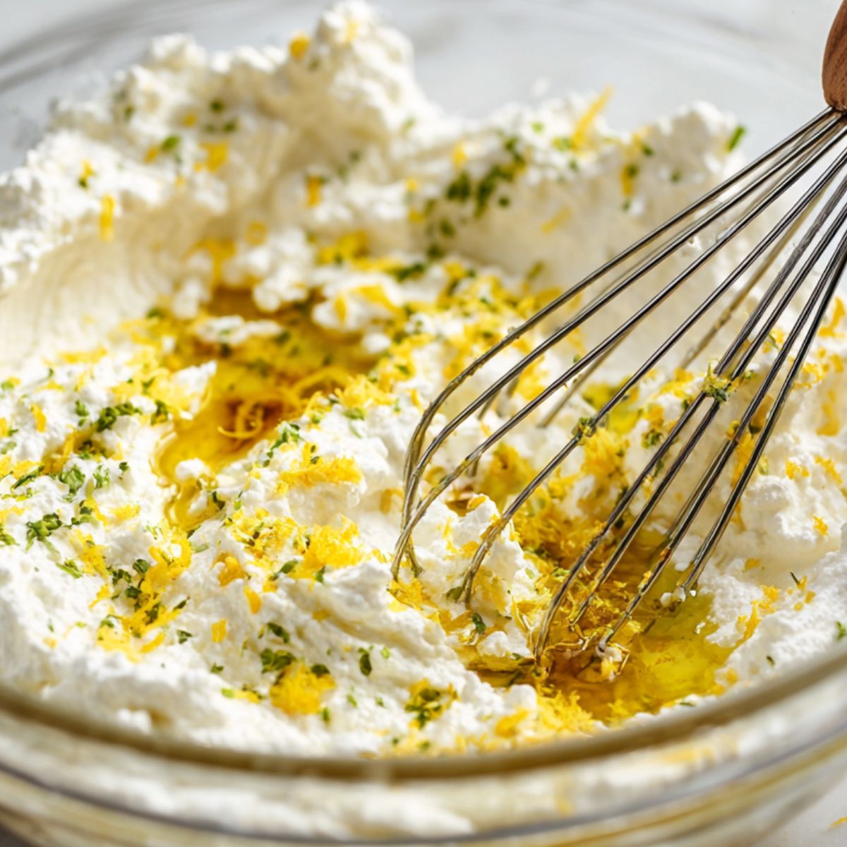 Whisk ricotta, lemon juice and zest, garlic, and oil until creamy.