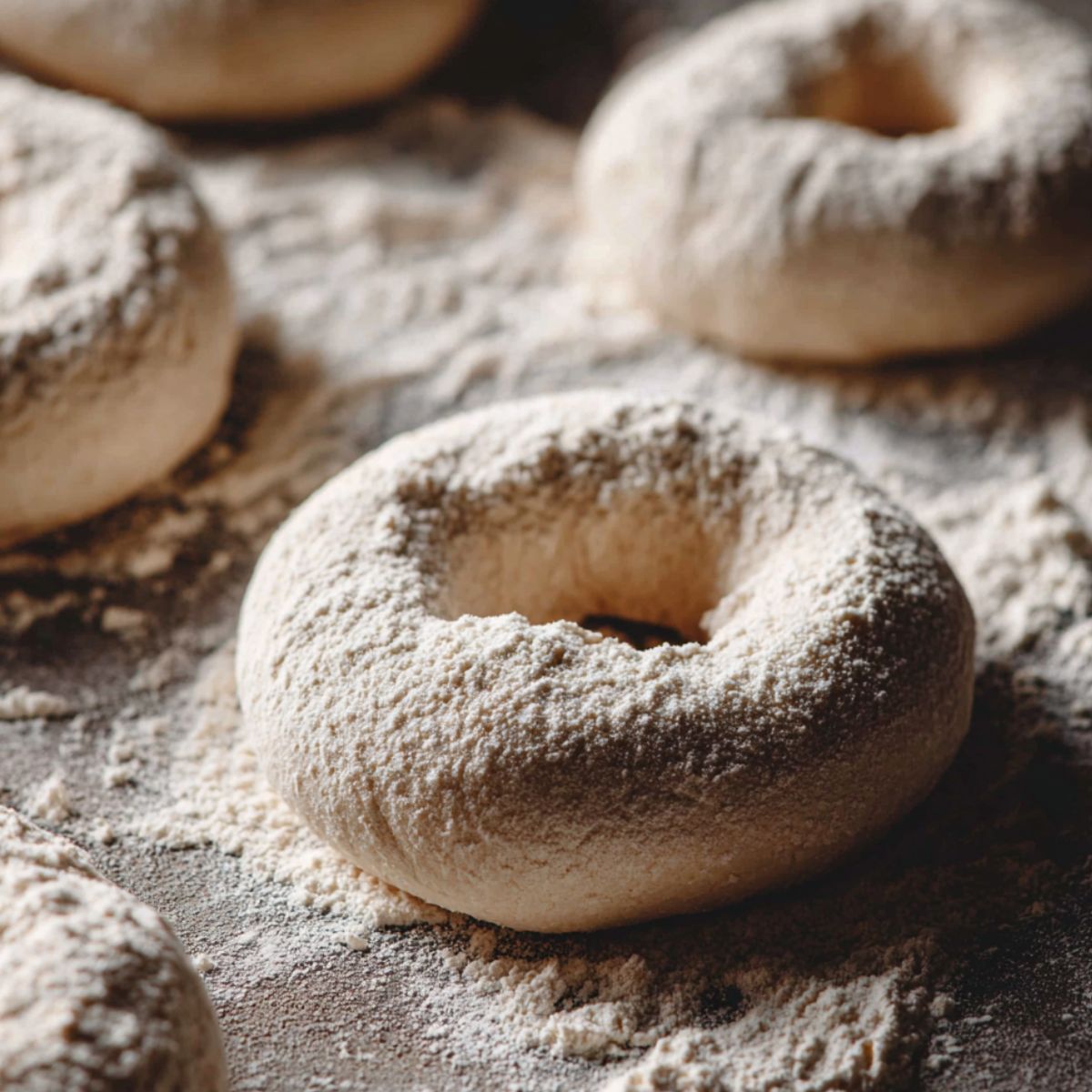 Shaping bagels into rings by hand on floured counter