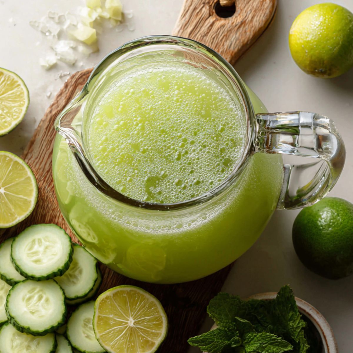 Straining blended cucumber mix into a glass pitcher