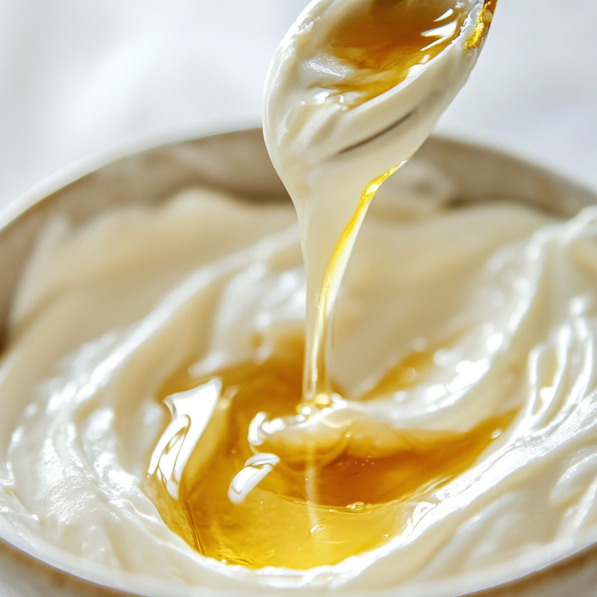 Mixing yogurt with honey and vanilla for breakfast fruit salad