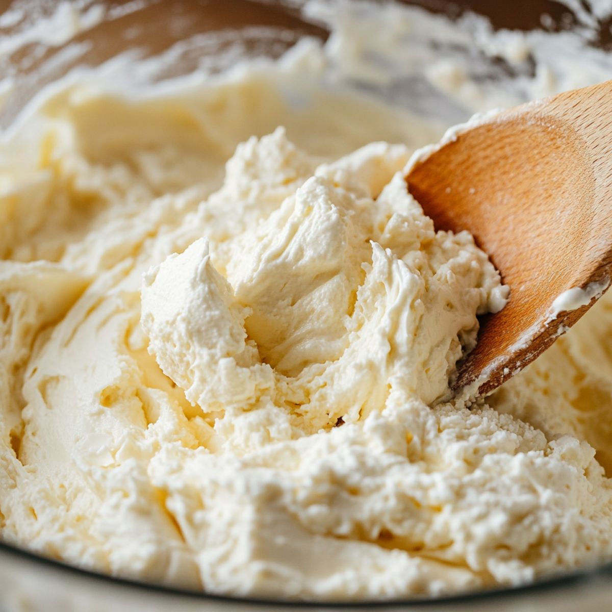 Flour being mixed into the yogurt-sugar mixture in a bowl.