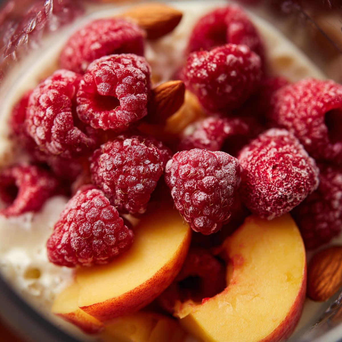 Frozen raspberries and peaches added to blender