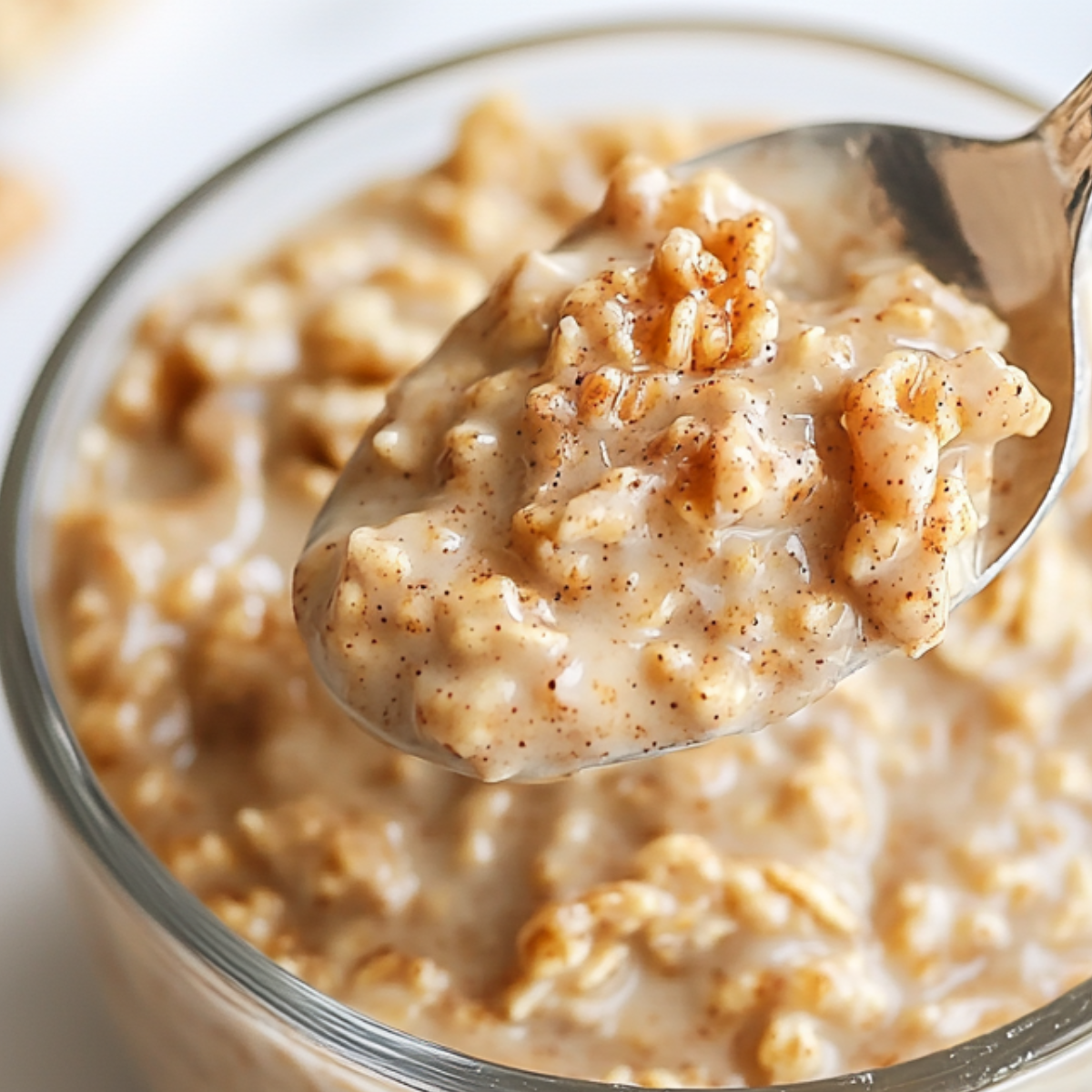 A spoon checking the consistency of cinnamon roll overnight oats before refrigerating


