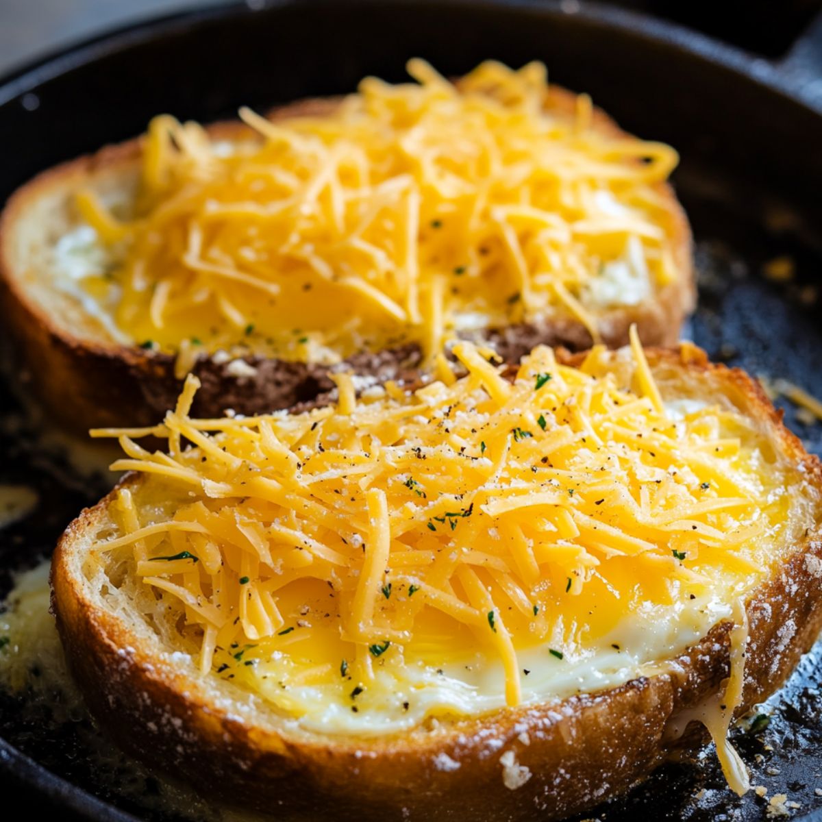 Cheese melting around egg toast in pan
