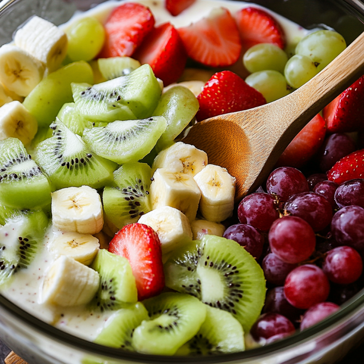 Folding fruits into yogurt to make breakfast fruit salad
