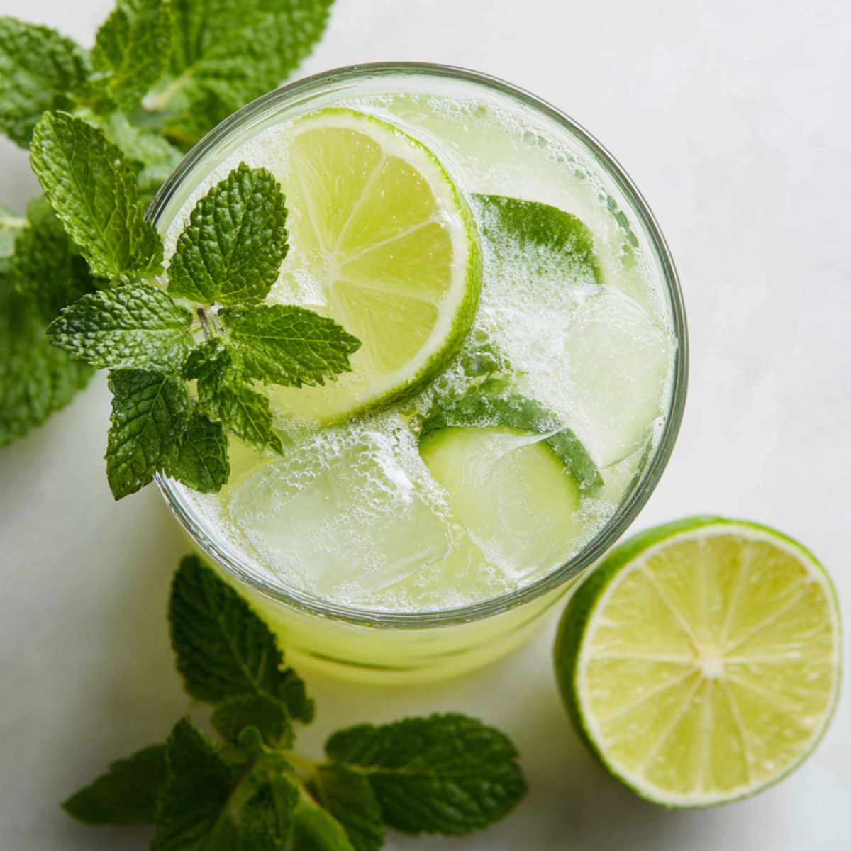 Glass of cucumber lime agua fresca with ice and mint garnish