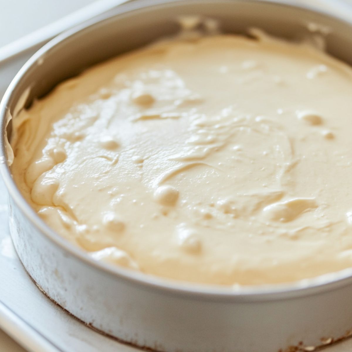 Cake batter poured into a pan, ready to go into the oven.