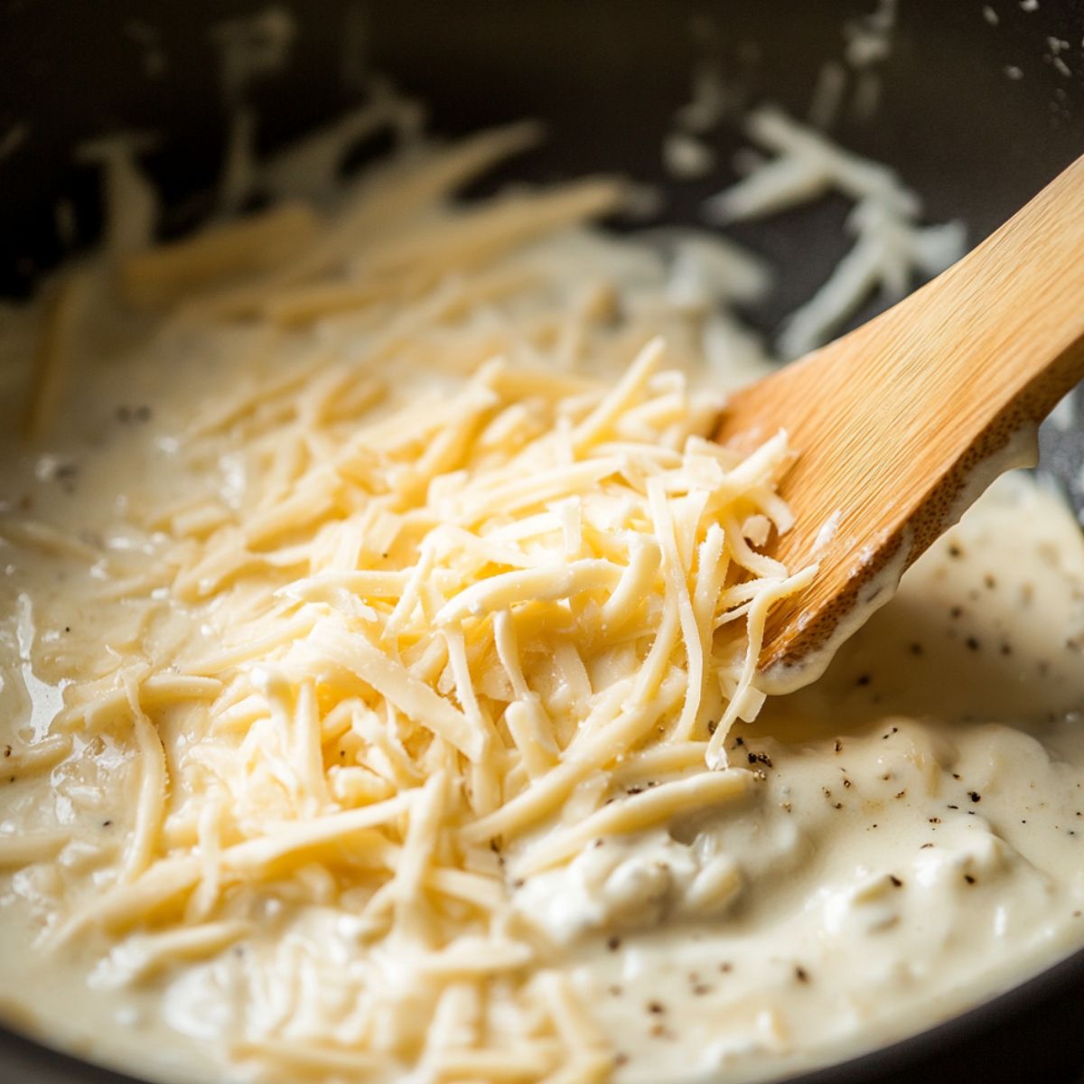 Cheese melting into a creamy sauce on the stove
