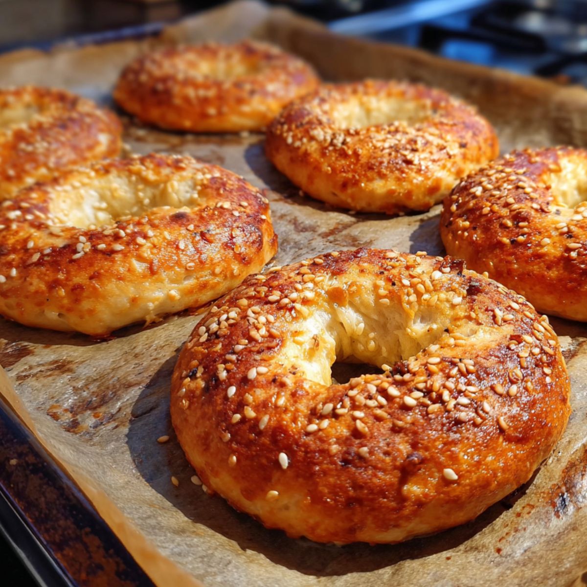 Freshly baked 3 ingredient Greek yogurt bagels on tray