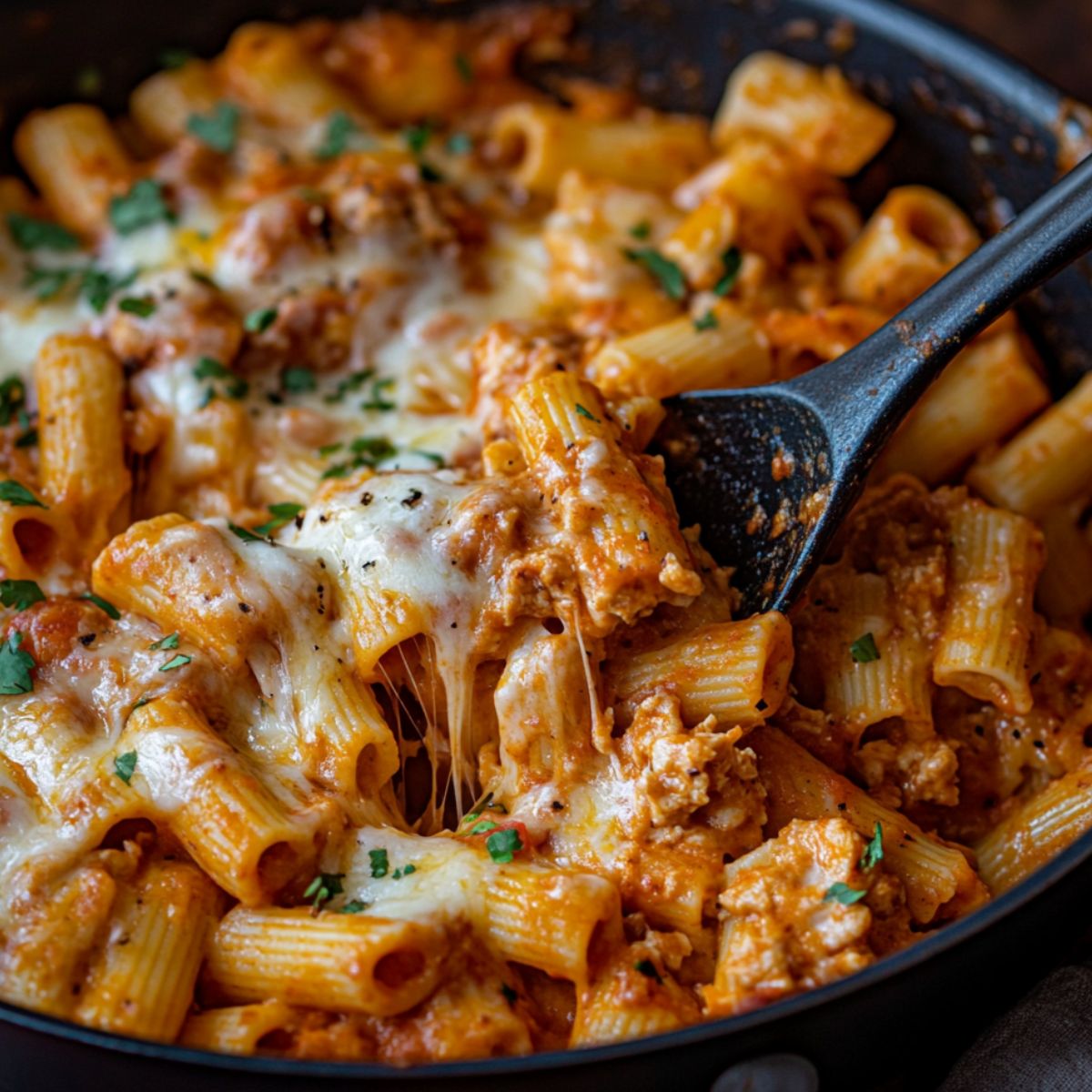 Enchilada pasta mixed in a skillet with cheese and garnishes.