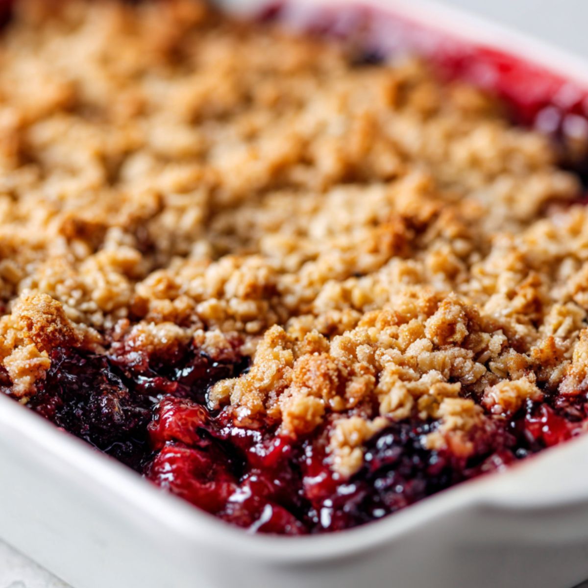 Mixed berry crisp fresh out of the oven with steam rising, a scoop missing from the corner