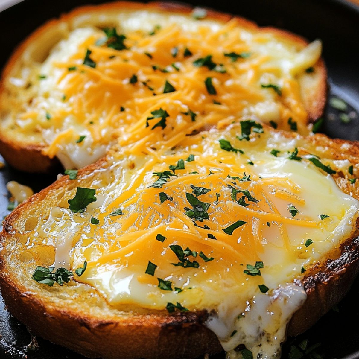 Skillet cooking cheesy egg toast with melted cheese and runny yolk