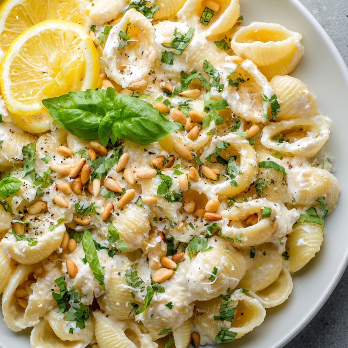 Finished Creamy Lemon Feta Pasta ready to serve