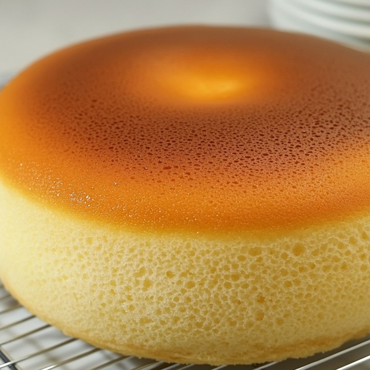 A baked yogurt cake cooling on a rack, with a slice ready to serve.