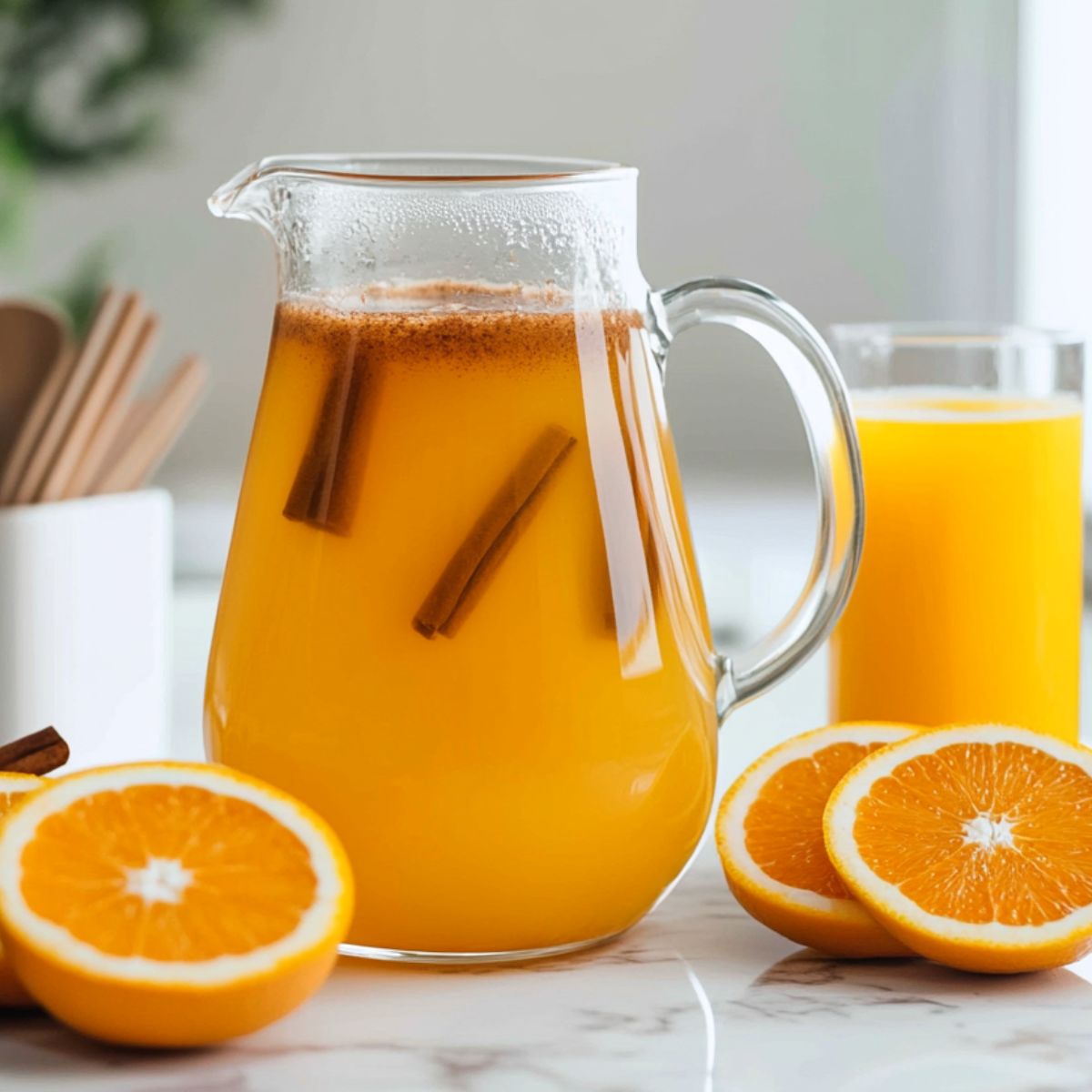 Straining cinnamon tea and adding fresh orange juice