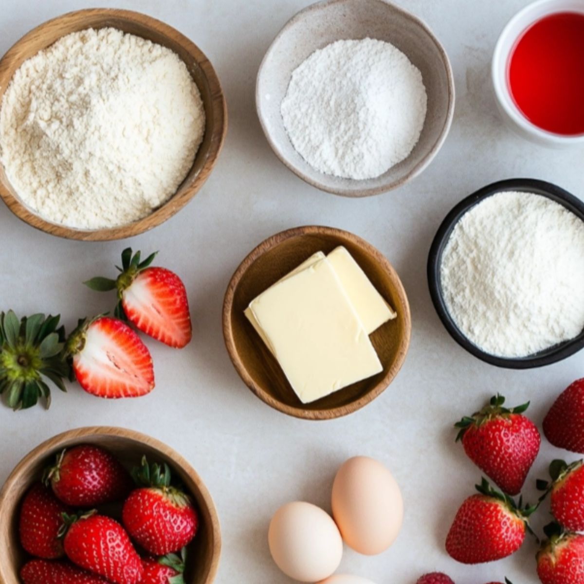 Ingredients for homemade strawberry pancakes laid out on a kitchen counter