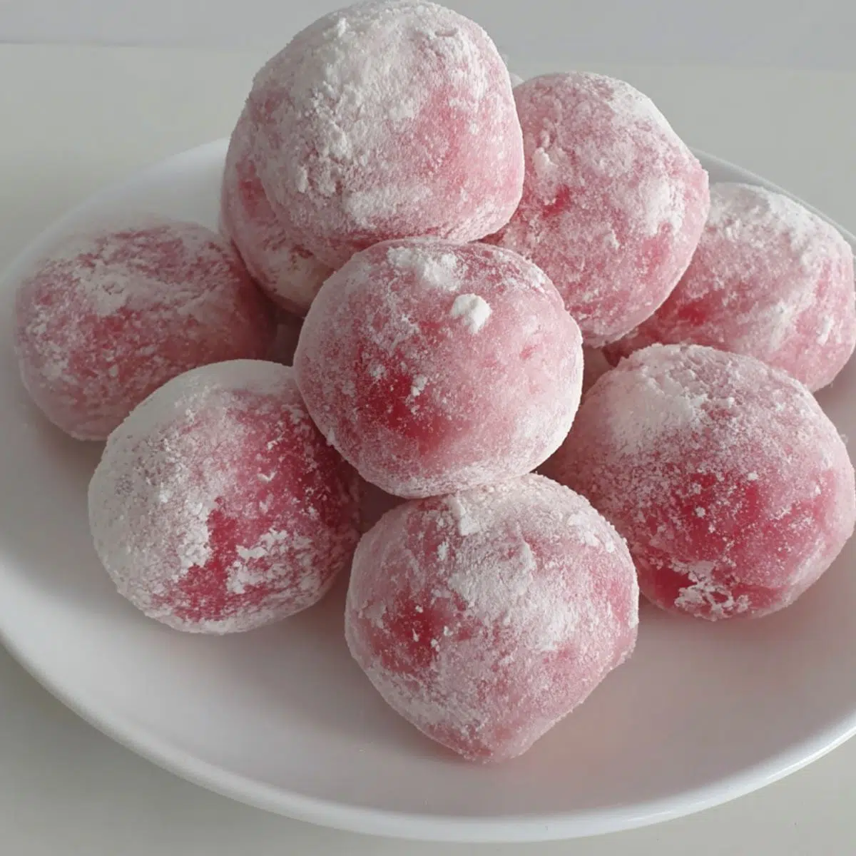  Homemade watermelon mochi balls on a plate, soft pink color with natural imperfections, on a white kitchen counter.
