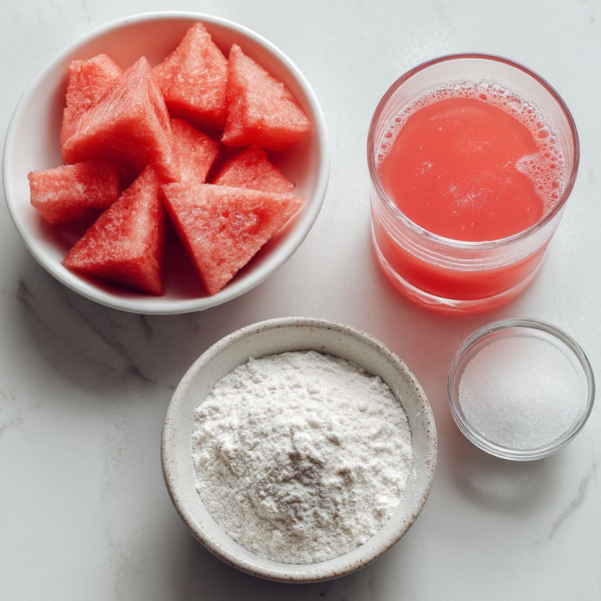 Ingredients for homemade watermelon mochi: glutinous rice flour, fresh watermelon juice, sugar, displayed on a white kitchen counter.