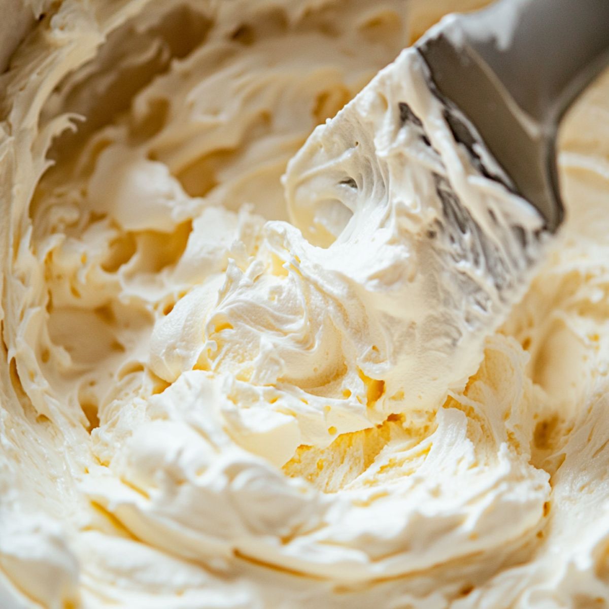 Whipped cream being folded gently into cream cheese mixture with a rubber spatula.