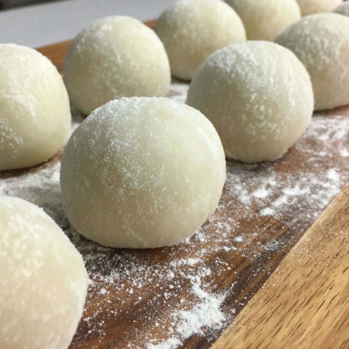 Shaping milk mochi balls on a wooden board with cornstarch