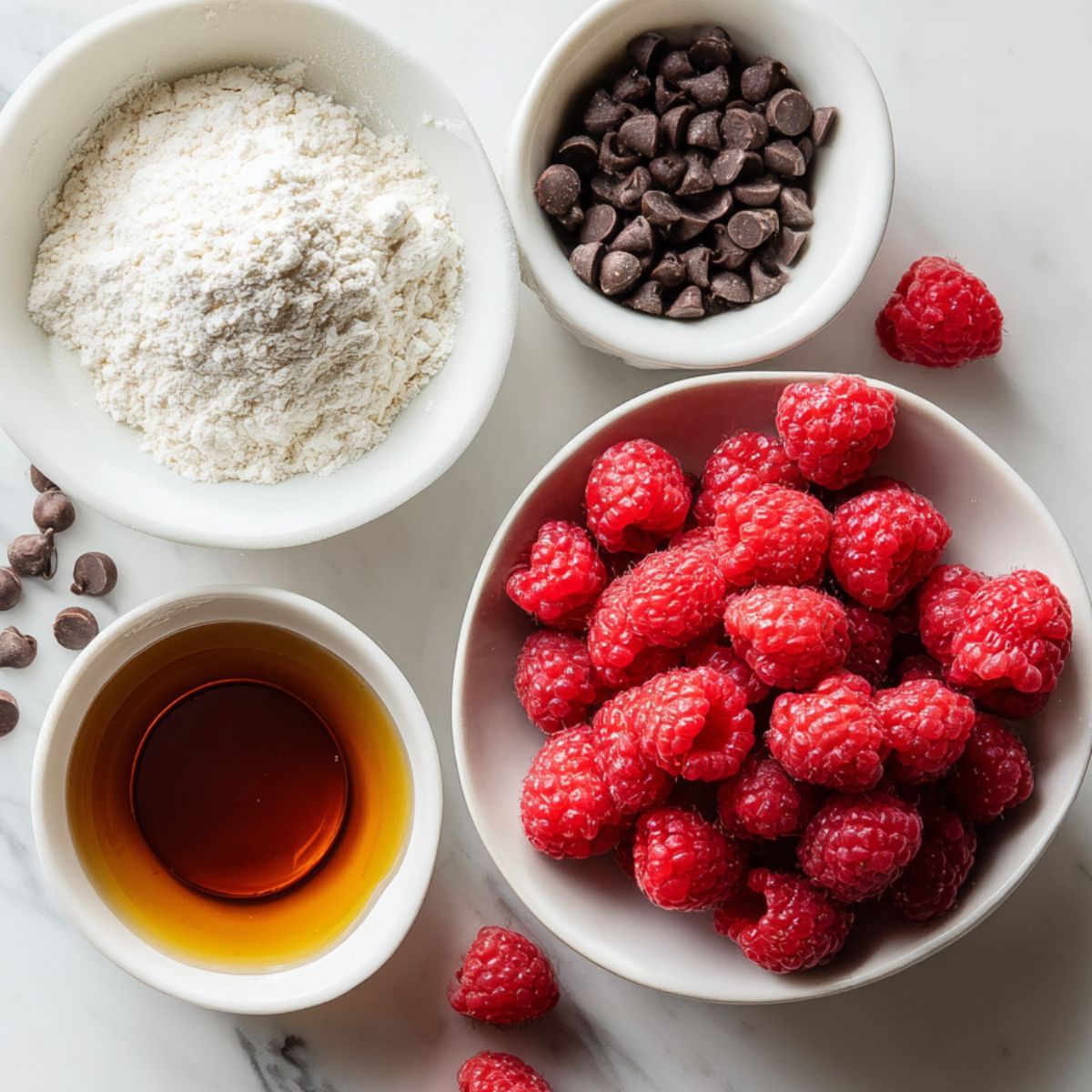 Ingredients for raspberry chocolate chip cookies laid out on a white counter