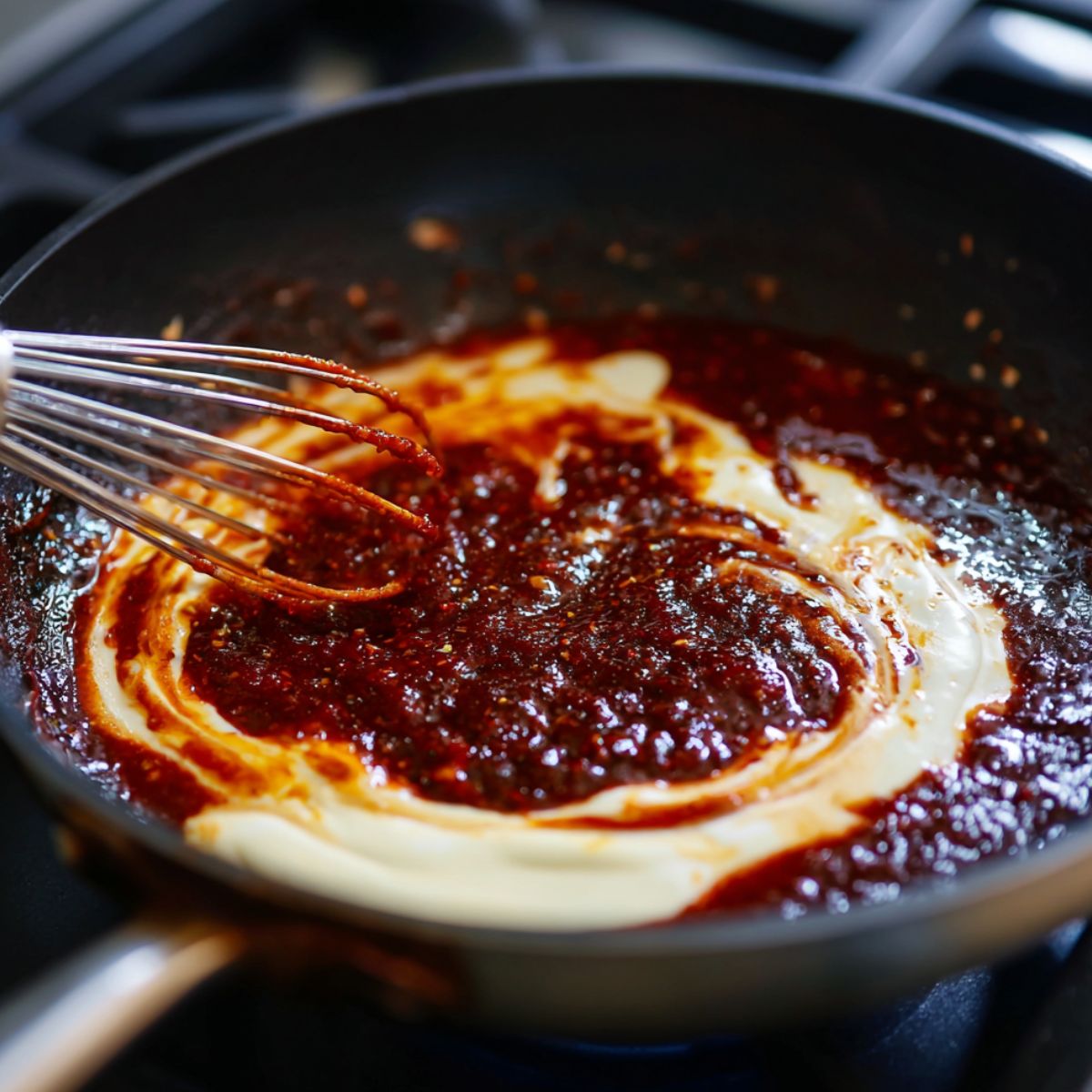 Creamy gochujang sauce simmering in a skillet.