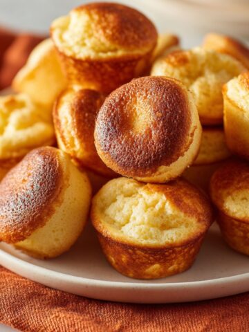 A plate of freshly baked mini pancake muffins on a white kitchen counter