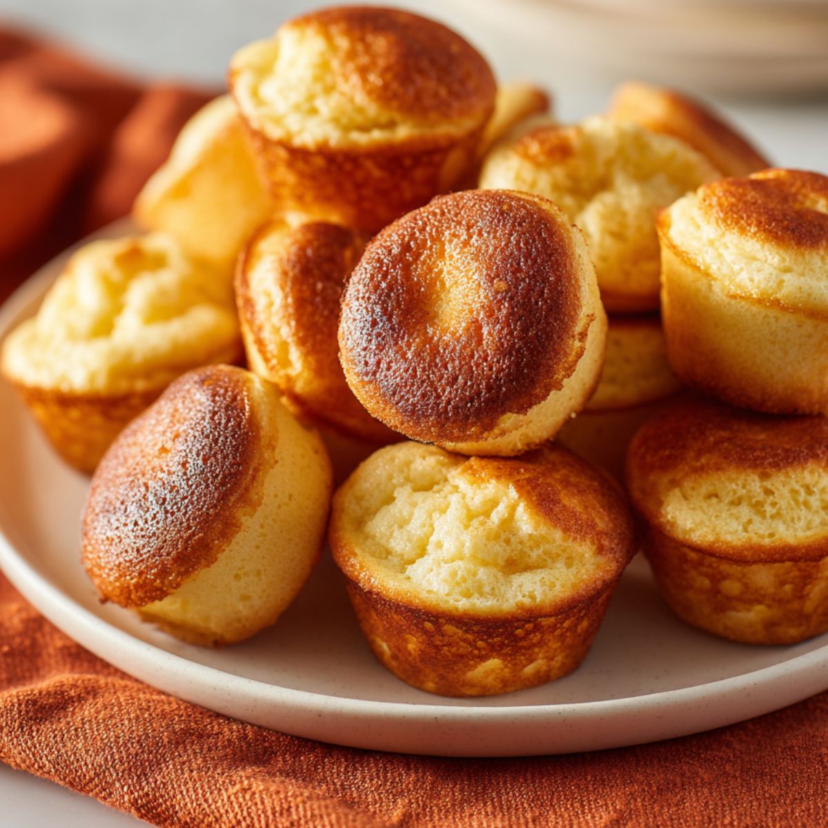 A plate of freshly baked mini pancake muffins on a white kitchen counter
