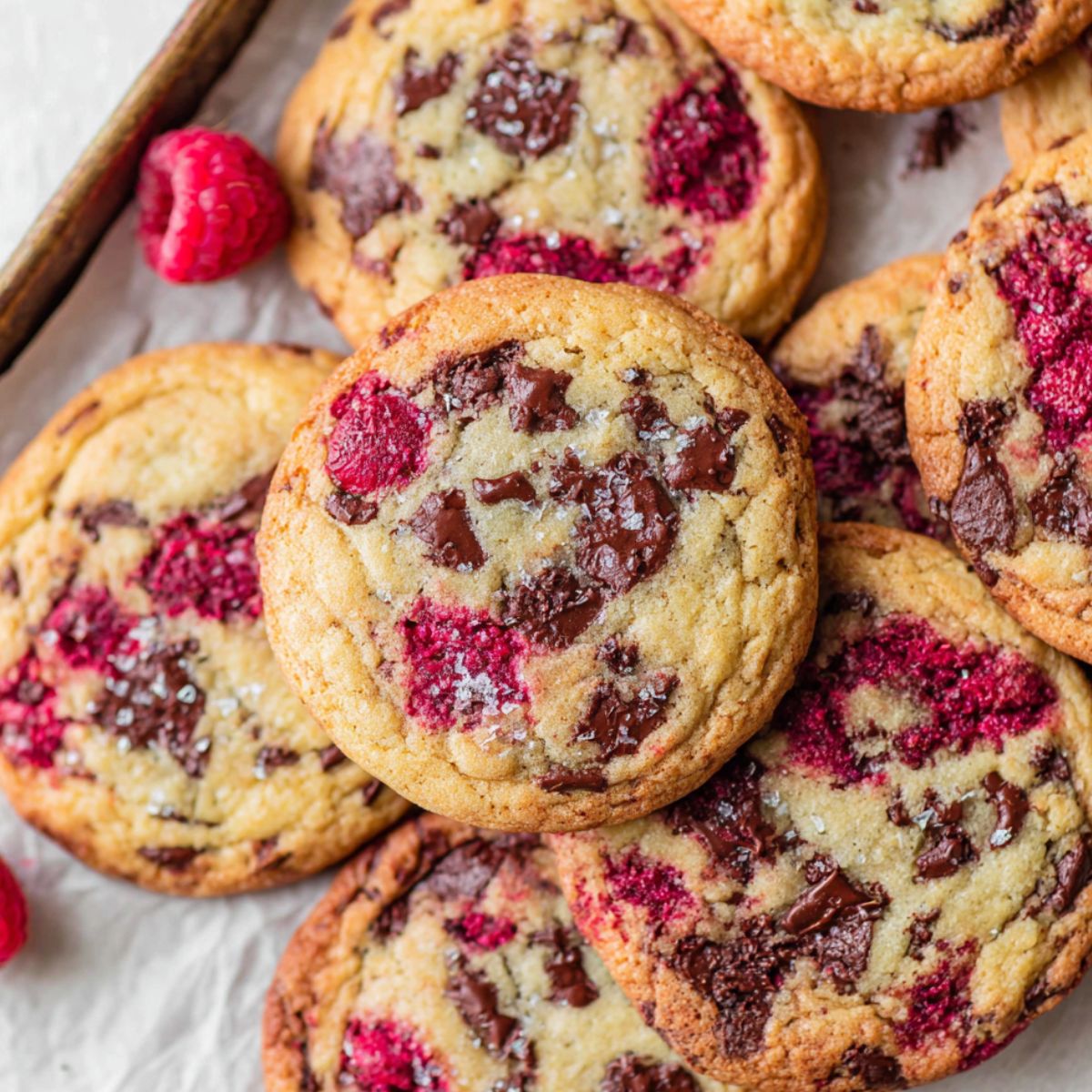 Baked raspberry chocolate chip cookies cooling on a tray
