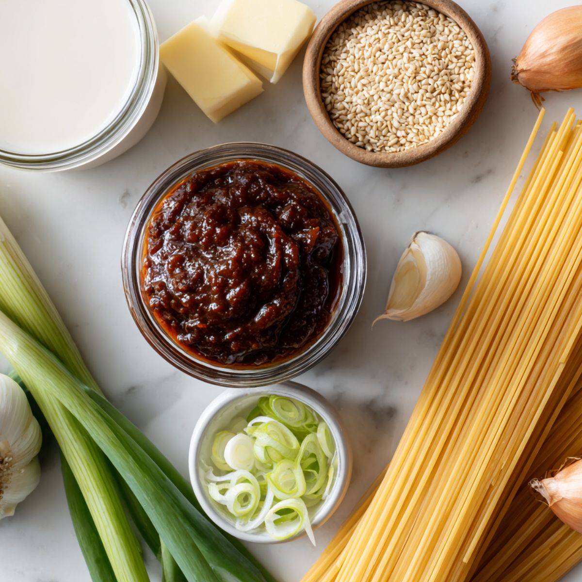 All the ingredients for gochujang pasta laid out on a kitchen counter.