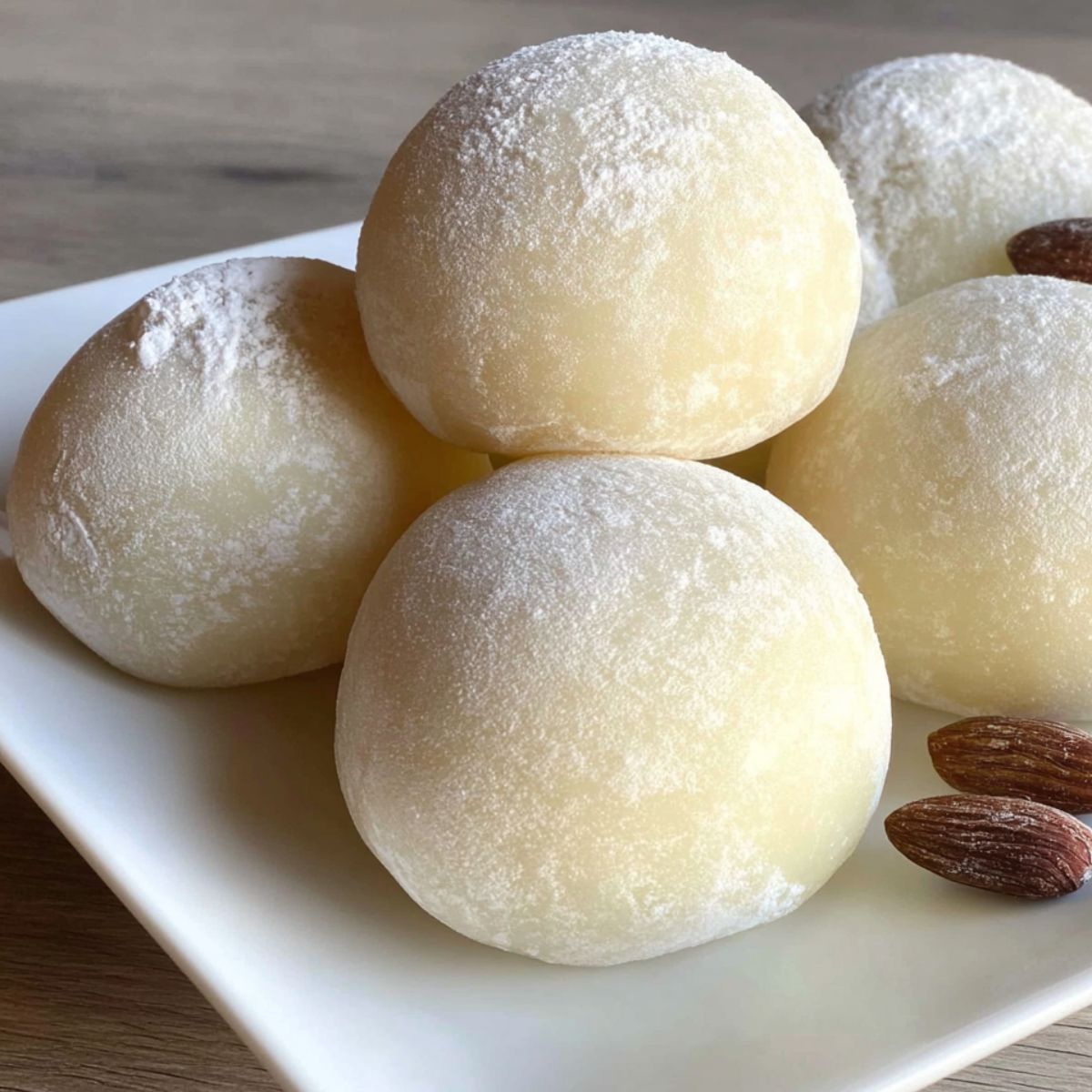 Freshly made homemade milk mochi balls on a white plate 