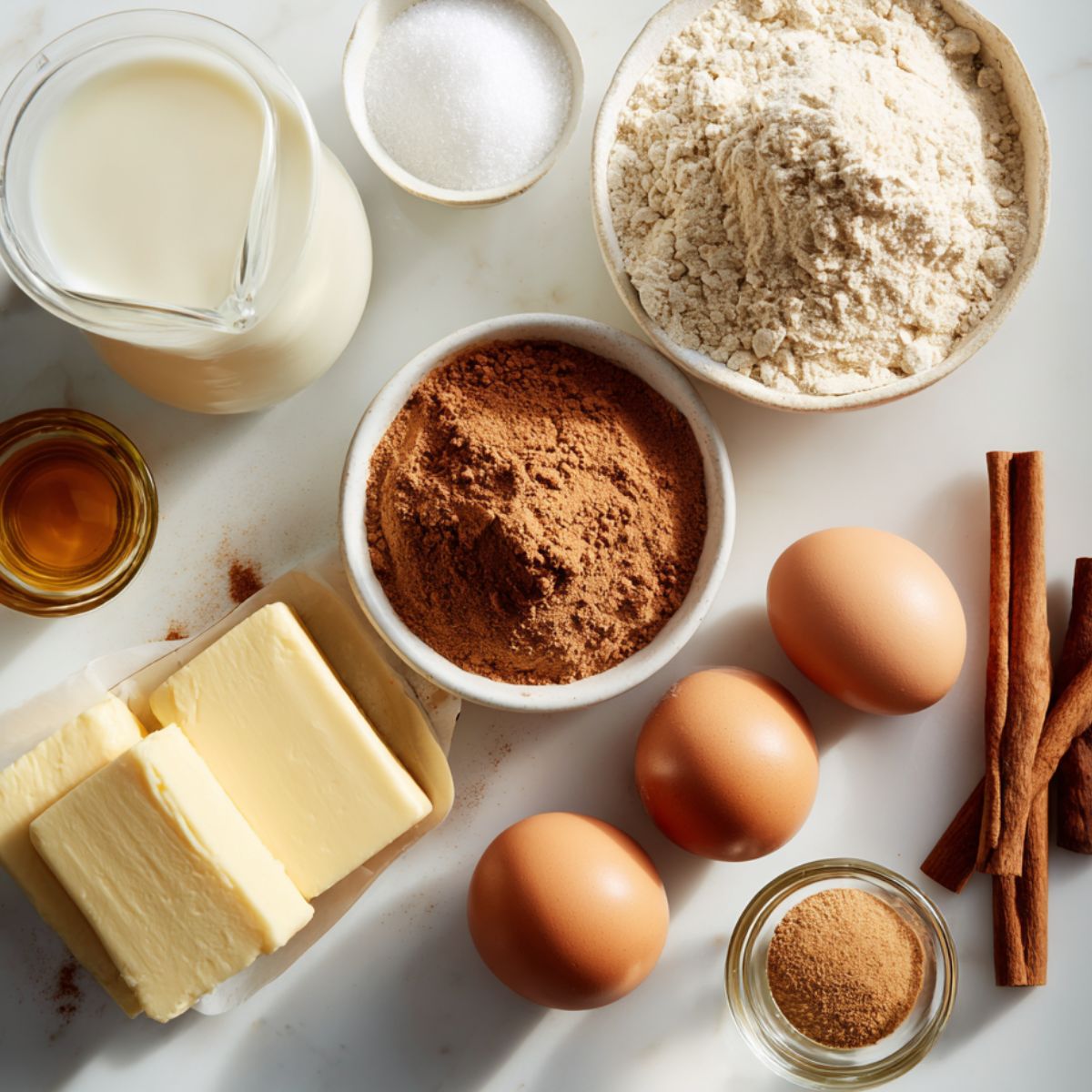 All ingredients for cinnamon roll cake mix laid out on counter
