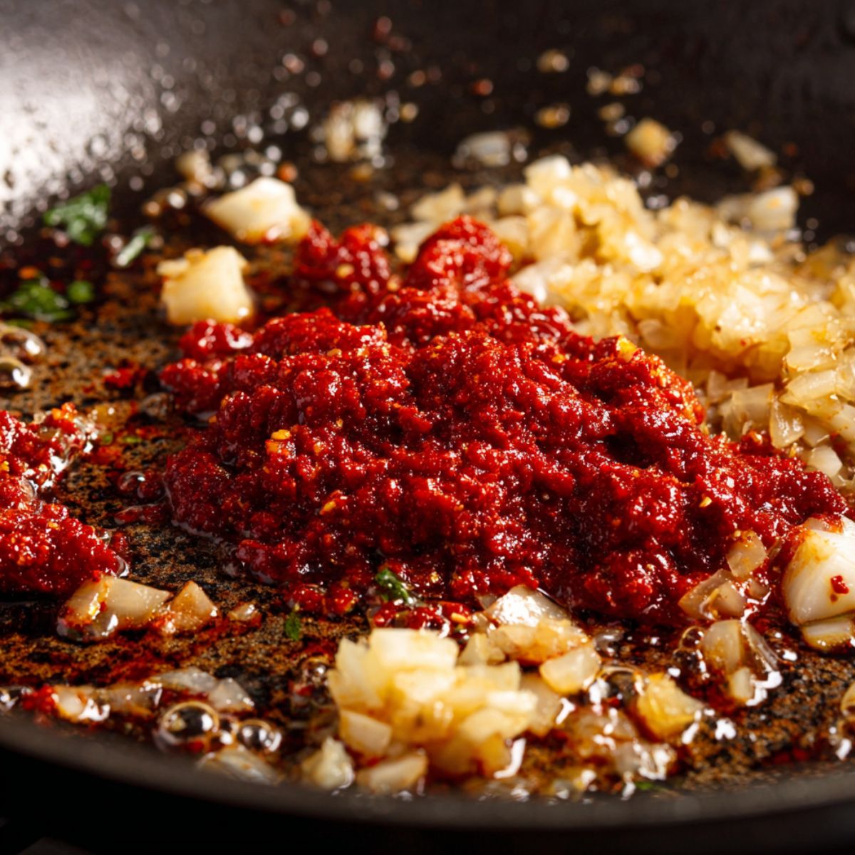Gochujang, garlic, and onion cooking in a skillet.
