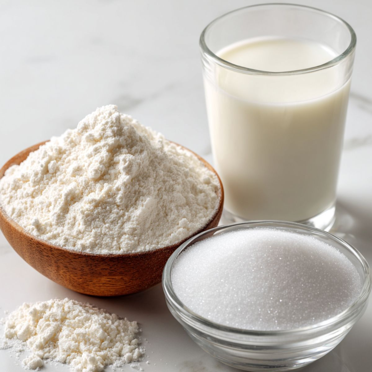 Glutinous rice flour, milk, and sugar on a white kitchen counter