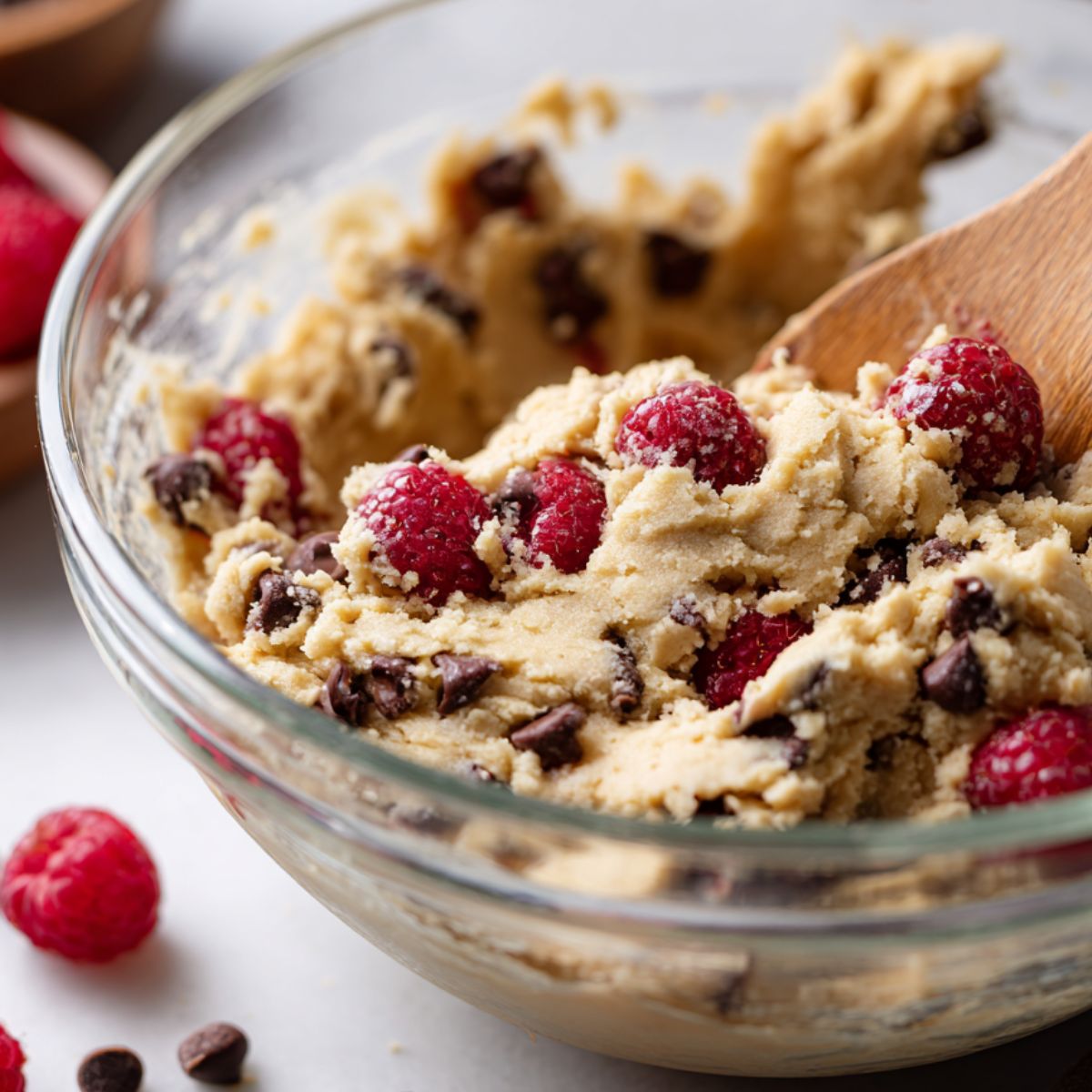 Mixing flour and syrup in a large bowl with raspberries and chocolate chips