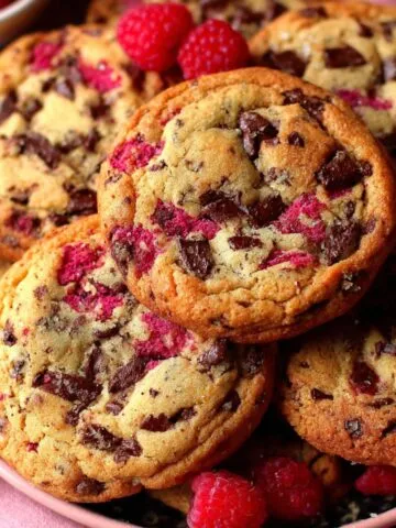 Stack of raspberry chocolate chip cookies stacked on a plate