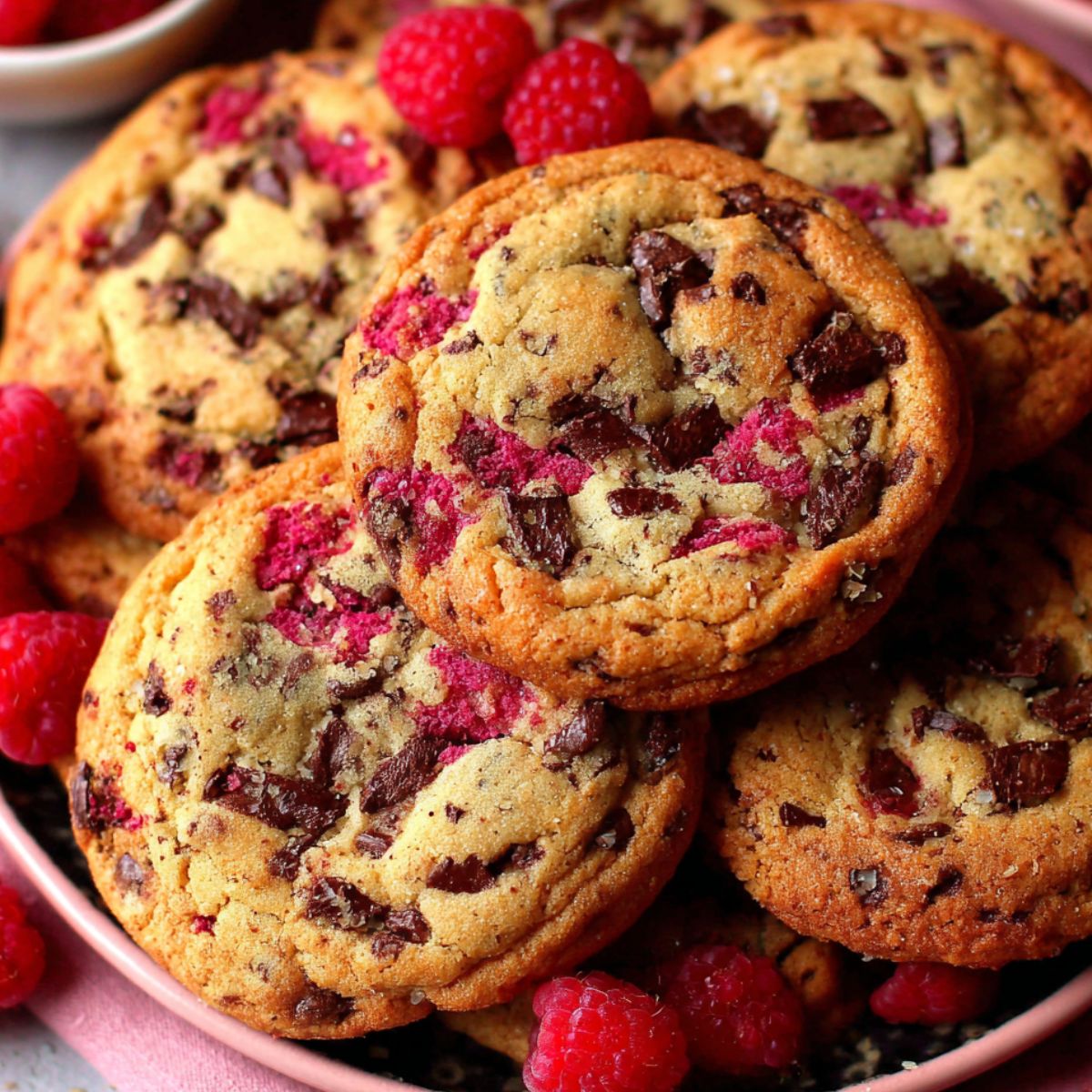 Stack of raspberry chocolate chip cookies stacked on a plate