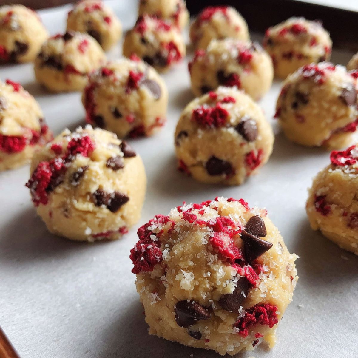 Dough balls shaped and spaced on parchment-lined baking tray