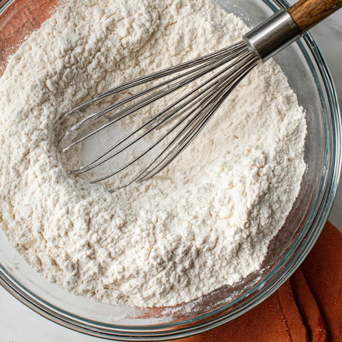 Dry pancake muffin ingredients being whisked in a large bowl