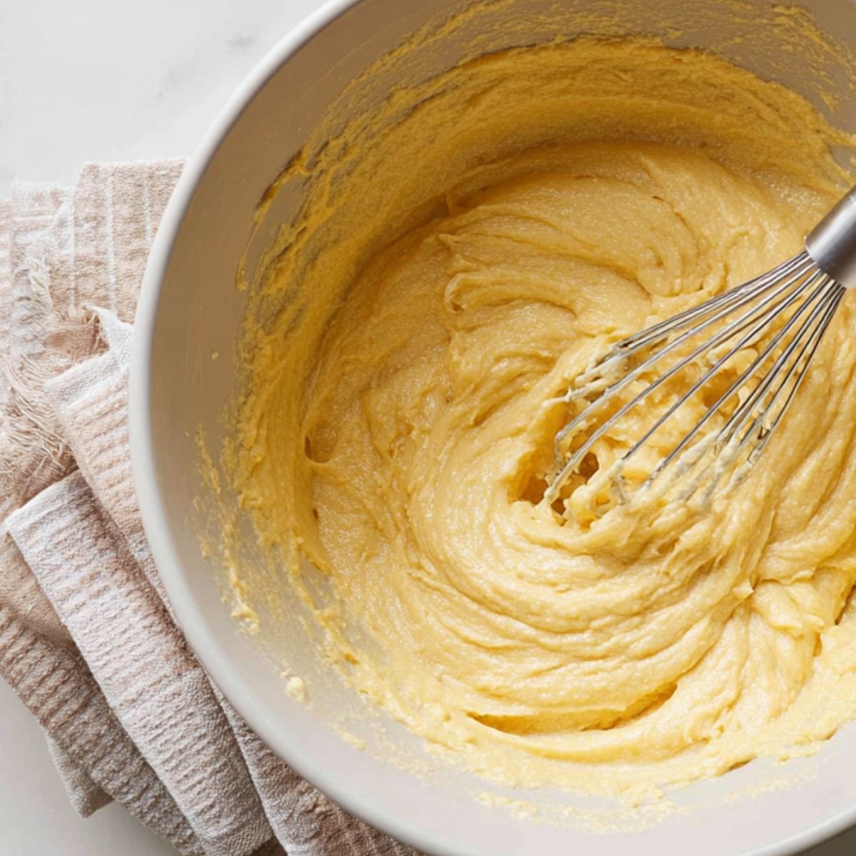 Mixing cake batter in a large bowl with eggs and milk