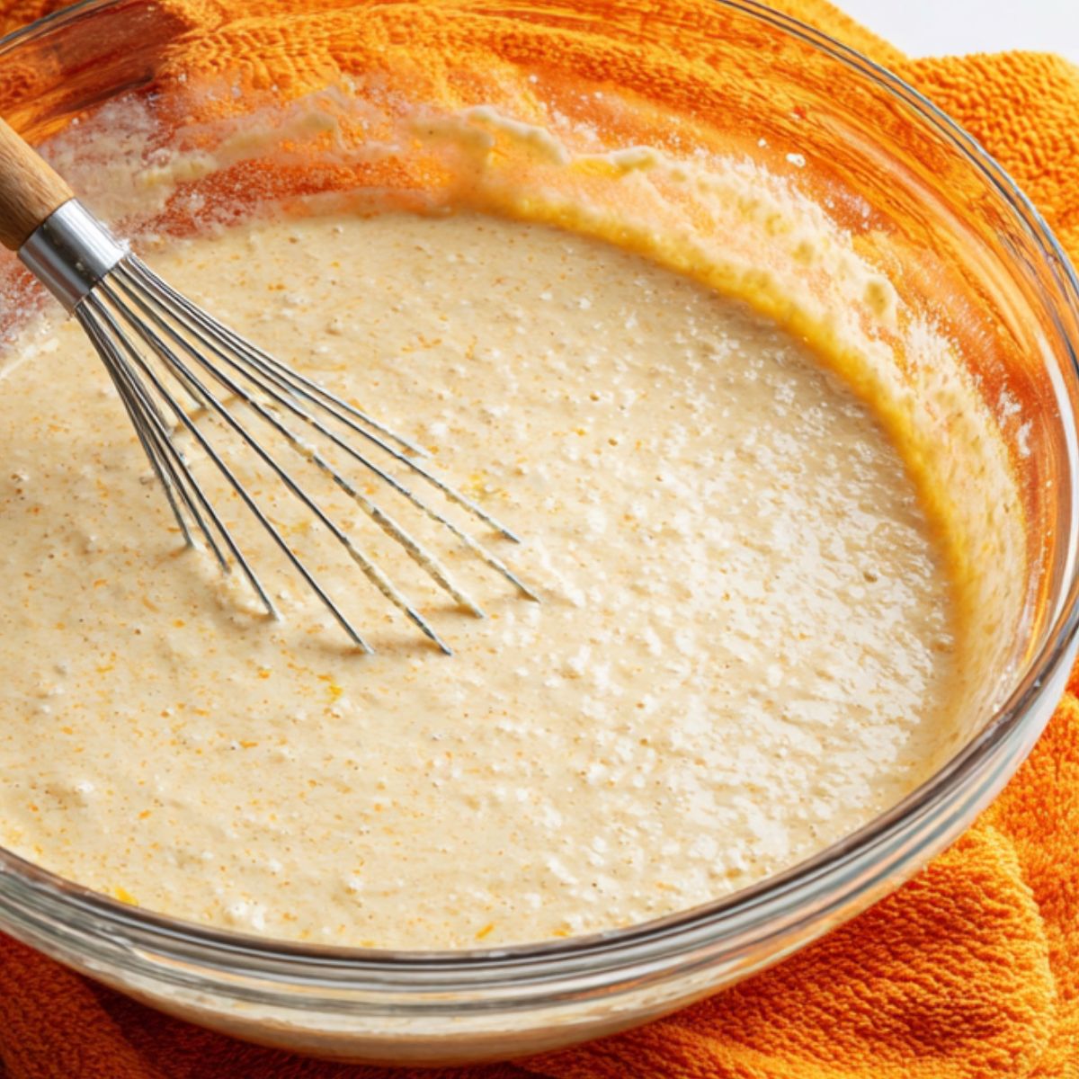 Wet and dry ingredients being gently mixed for pancake muffin batter