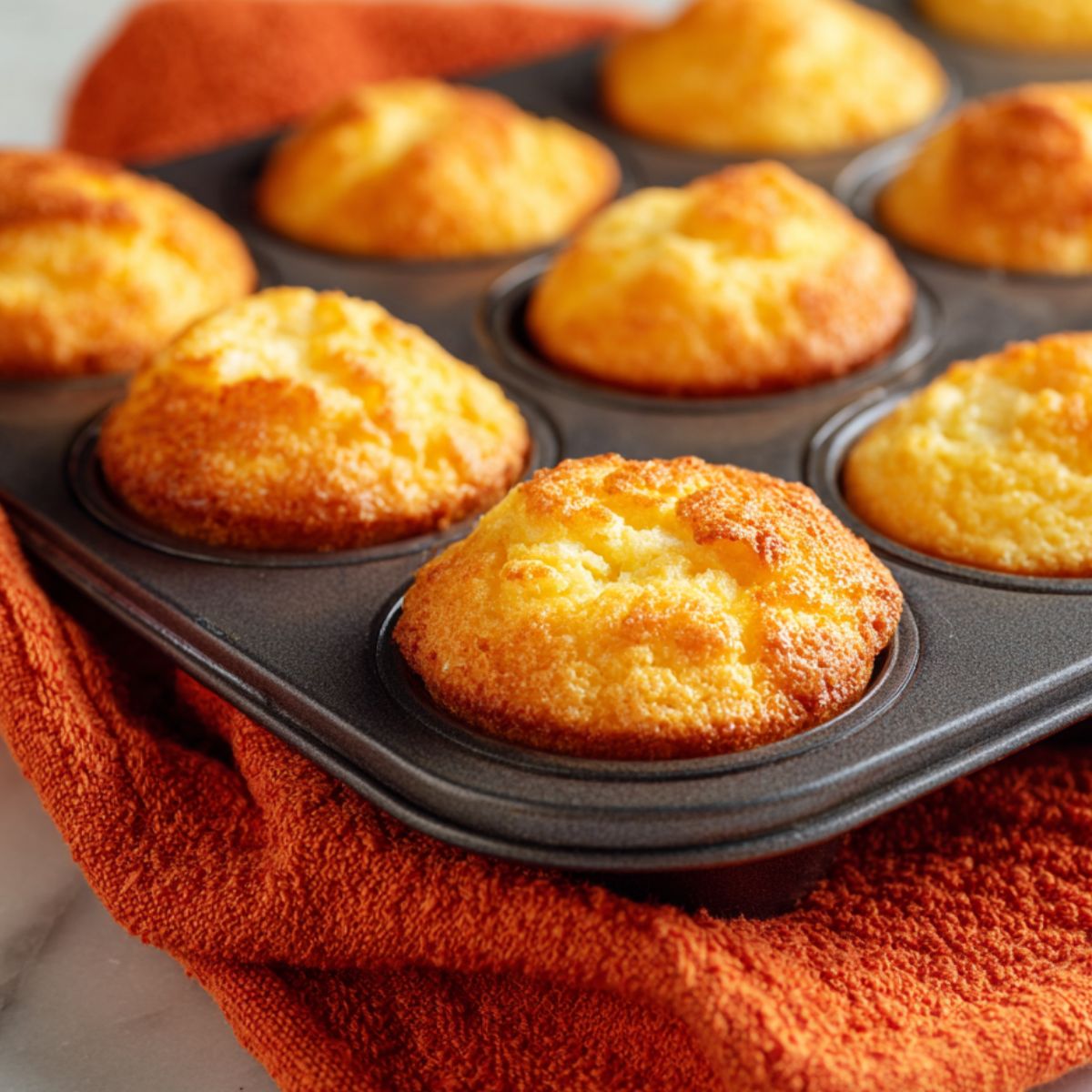 Freshly baked mini pancake muffins in a muffin tin cooling on the counter