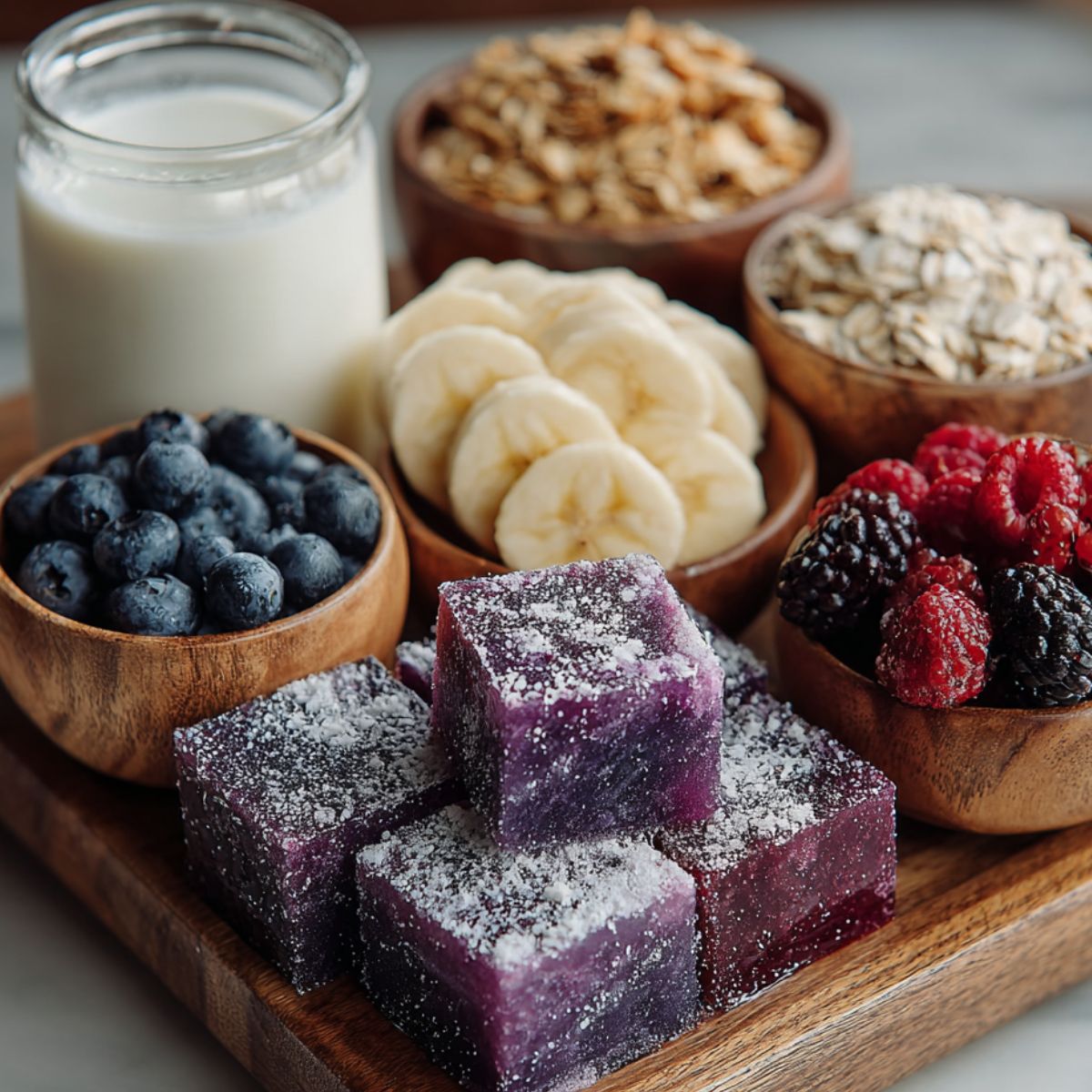 Ingredients for acai bowl spread out on a kitchen counter from above