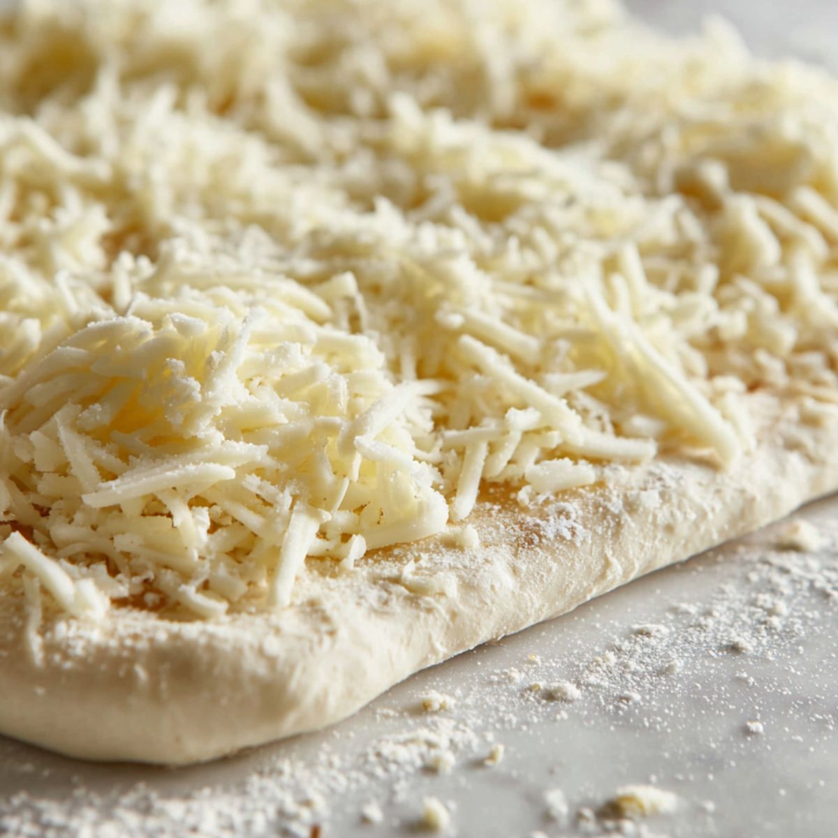 Pizza dough folded over with mozzarella filling and edges being sealed