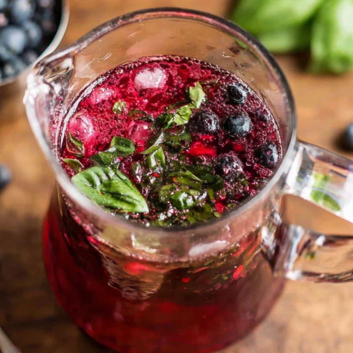 Pouring lemon juice into a pitcher with muddled blueberries and basil