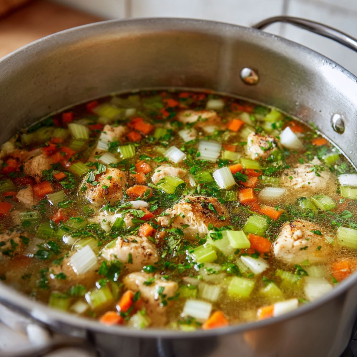 Broth being added to simmering chicken and vegetables in a home kitchen