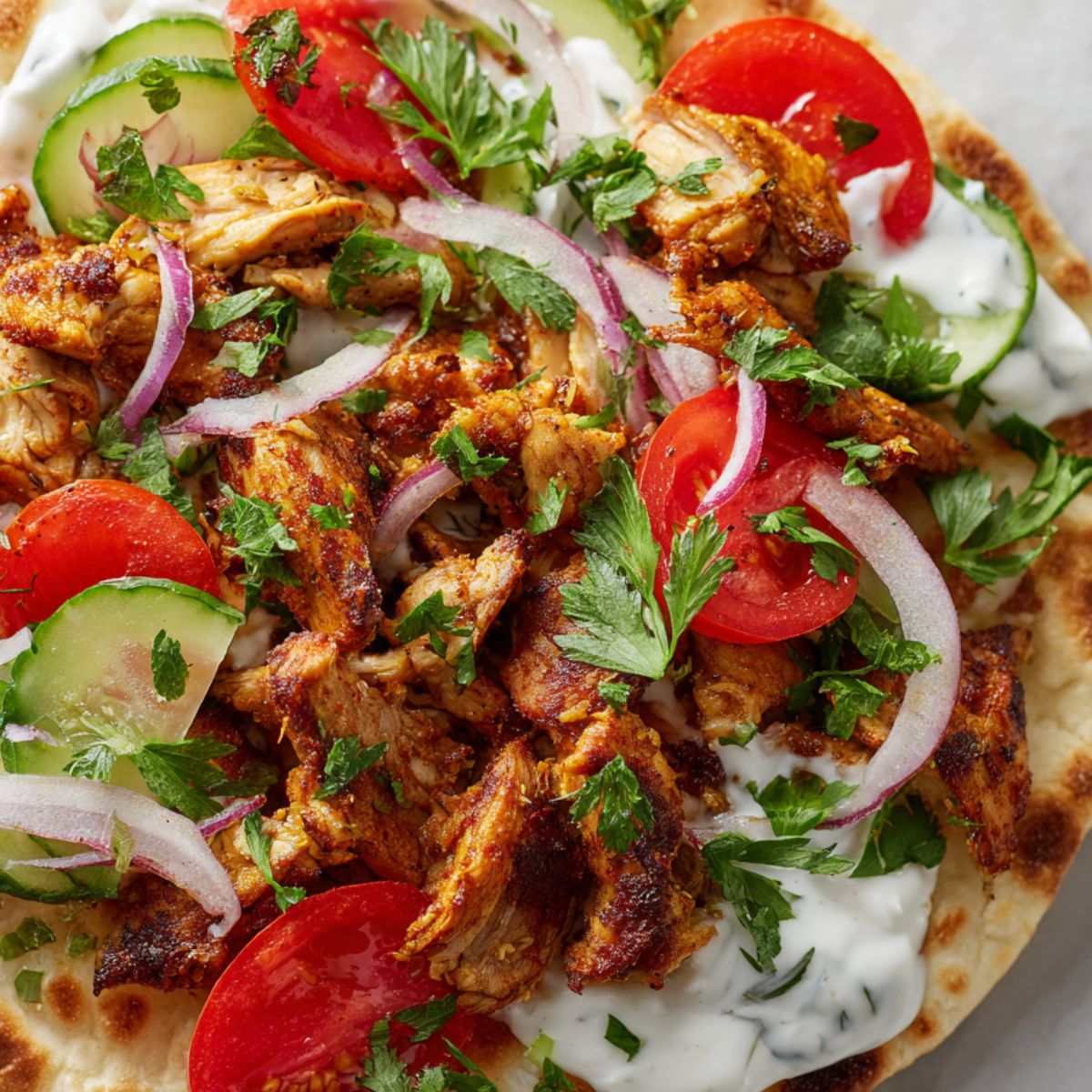Shawarma bread with chicken, pita, vegetables, and garlic yogurt sauce.