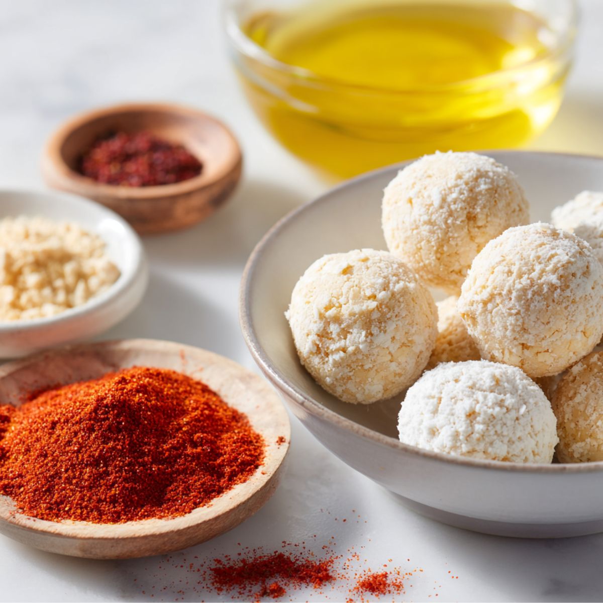 easoning spices and frozen Bagel Bites arranged on white counter