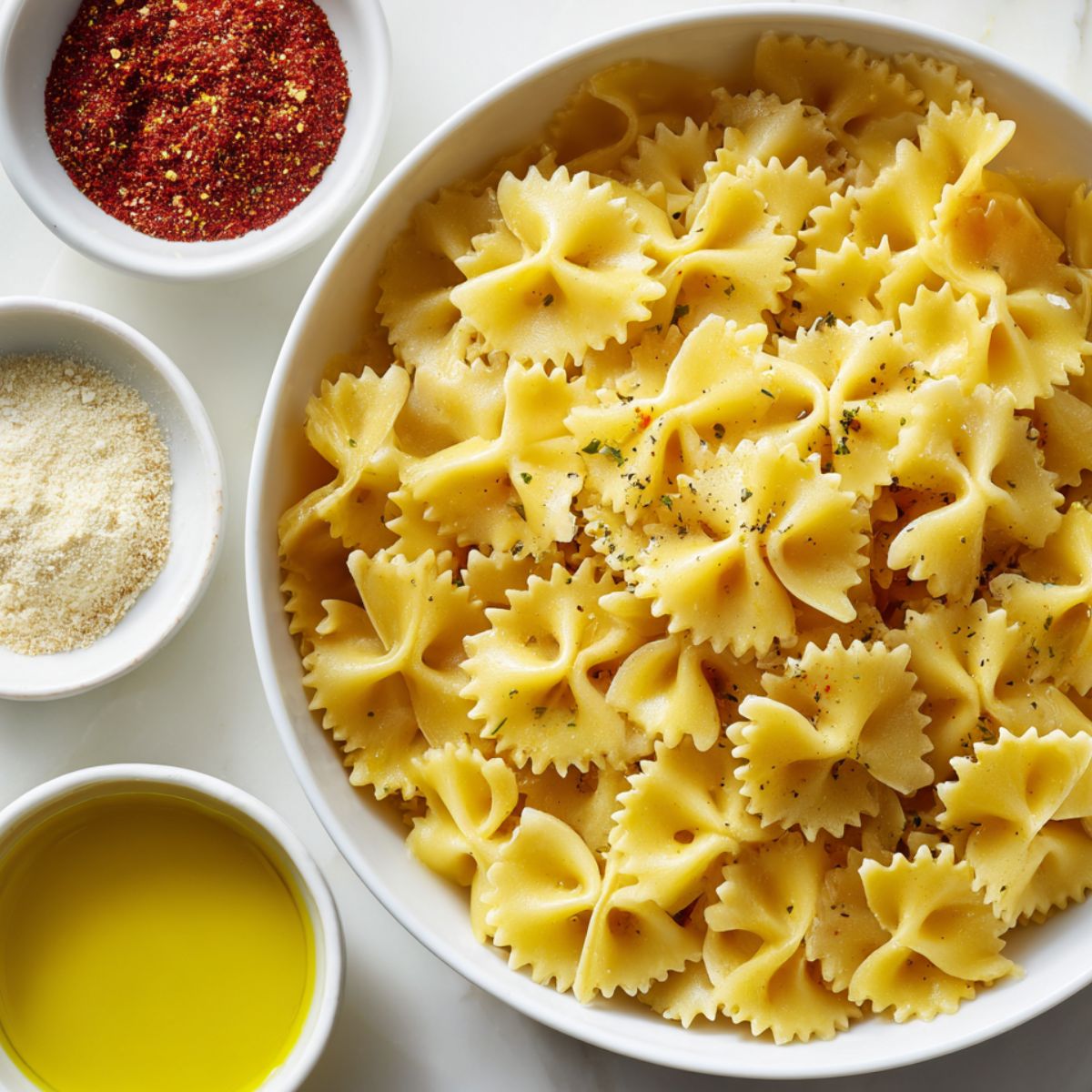 Uncooked bow tie pasta, olive oil, and spices scattered on a white counter, ready to mix.