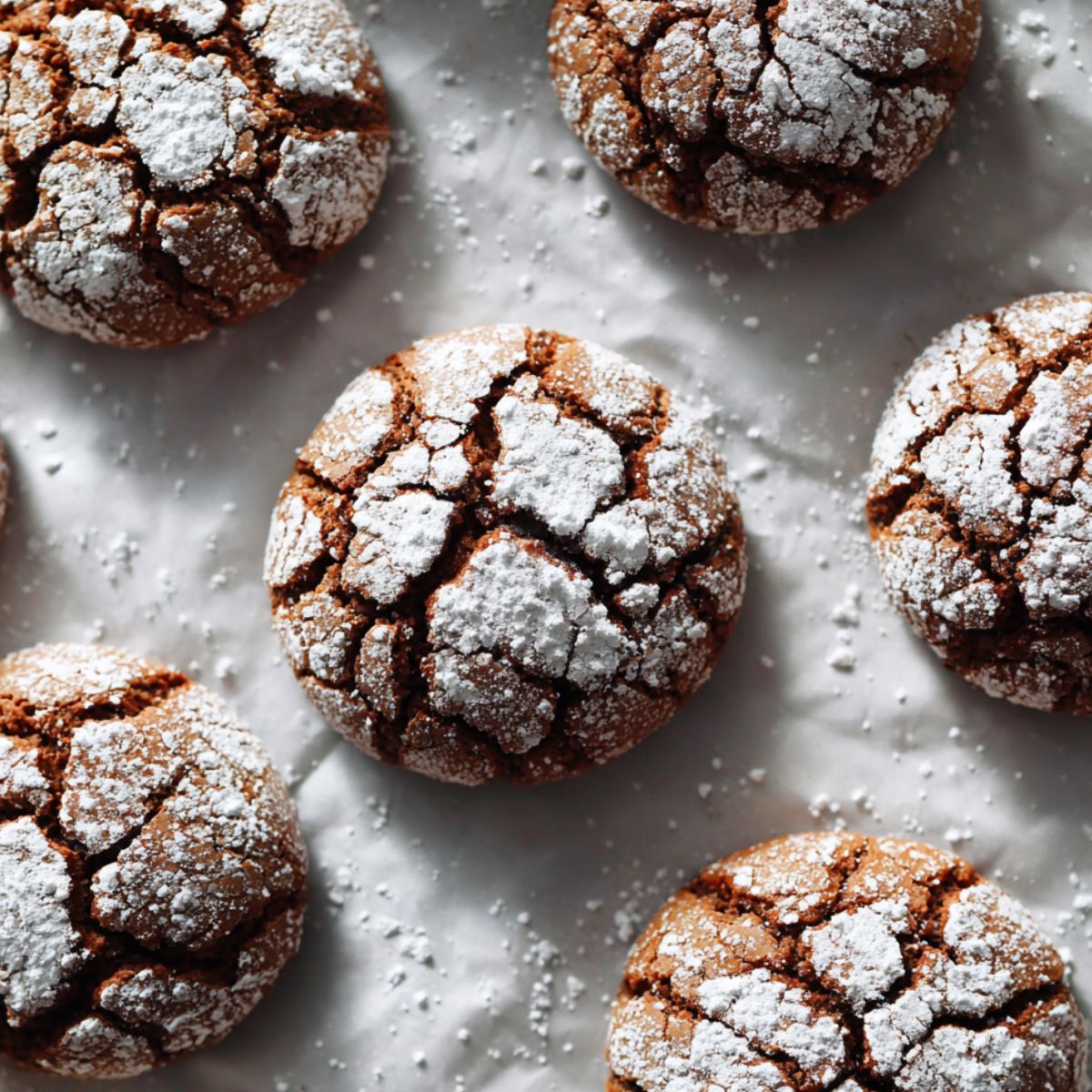 Freshly baked gluten free crinkle cookies cooling  on parchment paper